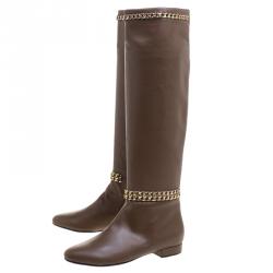 Pre Owned Le Silla Brown Leather Chain Detail Knee High Boots Size 39
