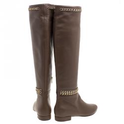 Pre Owned Le Silla Brown Leather Chain Detail Knee High Boots Size 39