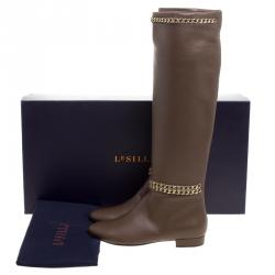 Pre Owned Le Silla Brown Leather Chain Detail Knee High Boots Size 39