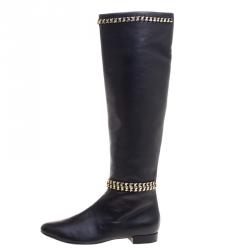 Pre Owned Le Silla Black Leather Chain Detail Knee High Boots Size 40