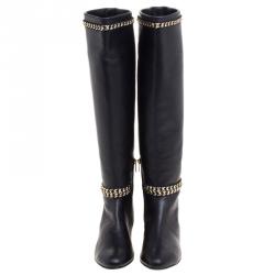 Pre Owned Le Silla Black Leather Chain Detail Knee High Boots Size 40
