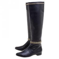 Pre Owned Le Silla Black Leather Chain Detail Knee High Boots Size 40