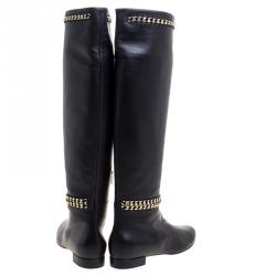Pre Owned Le Silla Black Leather Chain Detail Knee High Boots Size 40