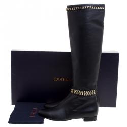 Pre Owned Le Silla Black Leather Chain Detail Knee High Boots Size 40