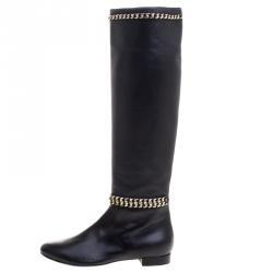 Pre Owned Le Silla Black Leather Chain Detail Knee High Boots Size 41