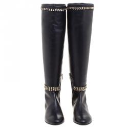 Pre Owned Le Silla Black Leather Chain Detail Knee High Boots Size 41