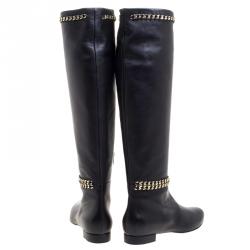 Pre Owned Le Silla Black Leather Chain Detail Knee High Boots Size 41