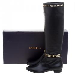 Pre Owned Le Silla Black Leather Chain Detail Knee High Boots Size 41