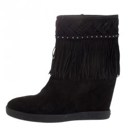 Pre Owned Le Silla Black Suede Concealed Fringed Wedge Boots Size 40