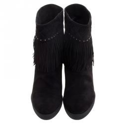 Pre Owned Le Silla Black Suede Concealed Fringed Wedge Boots Size 40