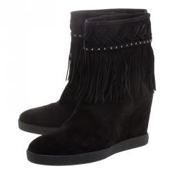 Pre Owned Le Silla Black Suede Concealed Fringed Wedge Boots Size 40