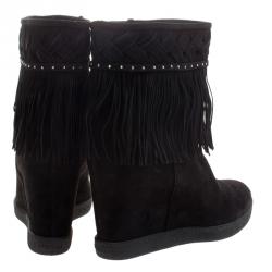 Pre Owned Le Silla Black Suede Concealed Fringed Wedge Boots Size 40