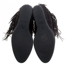 Pre Owned Le Silla Black Suede Concealed Fringed Wedge Boots Size 40
