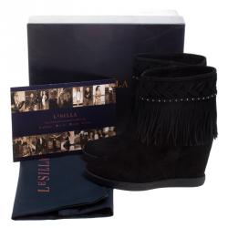 Pre Owned Le Silla Black Suede Concealed Fringed Wedge Boots Size 40