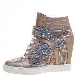 Le Silla Beige Crystal Embellished Suede and Leather Burma Wedge Sneakers Size 41