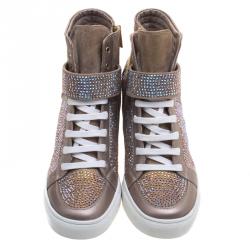 Le Silla Beige Crystal Embellished Suede and Leather Burma Wedge Sneakers Size 41