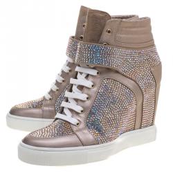 Le Silla Beige Crystal Embellished Suede and Leather Burma Wedge Sneakers Size 41