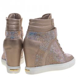 Le Silla Beige Crystal Embellished Suede and Leather Burma Wedge Sneakers Size 41