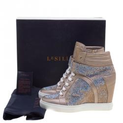 Le Silla Beige Crystal Embellished Suede and Leather Burma Wedge Sneakers Size 41