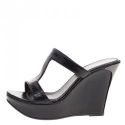 Le Silla Black Python Embossed Wedge Slides Size 37.5
