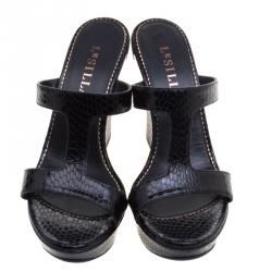 Le Silla Black Python Embossed Wedge Slides Size 37.5
