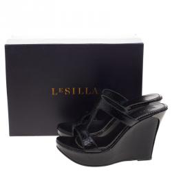 Le Silla Black Python Embossed Wedge Slides Size 37.5