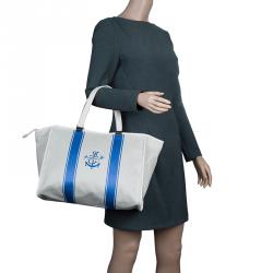 Pre Owned Longchamp White/Blue Canvas Large Nautique Zip Tote