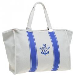 Pre Owned Longchamp White/Blue Canvas Large Nautique Zip Tote