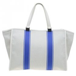 Pre Owned Longchamp White/Blue Canvas Large Nautique Zip Tote