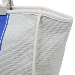 Pre Owned Longchamp White/Blue Canvas Large Nautique Zip Tote