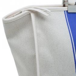 Pre Owned Longchamp White/Blue Canvas Large Nautique Zip Tote