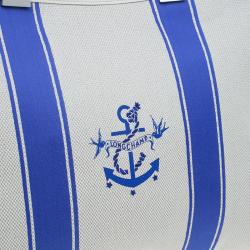 Pre Owned Longchamp White/Blue Canvas Large Nautique Zip Tote