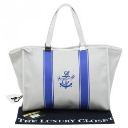 Pre Owned Longchamp White/Blue Canvas Large Nautique Zip Tote