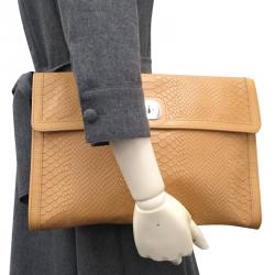 Pre Owned Longchamp Brown Embossed Leather Clutch Bag 
