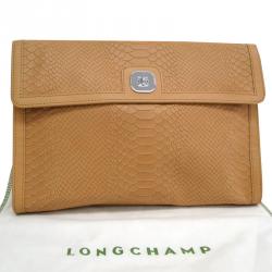 Pre Owned Longchamp Brown Embossed Leather Clutch Bag 