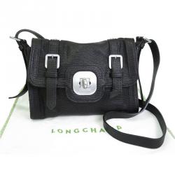 Pre Owned Longchamp Black Textured Leather Crossbody bag