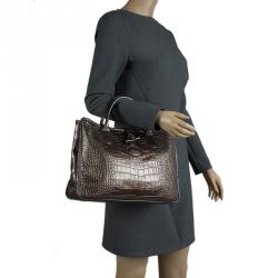 Longchamp Black Glaze Croc Embossed Leather Roseau Tote Longchamp