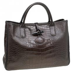 Pre Owned Longchamp Brown Glaze Croc Embossed Leather Roseau Tote