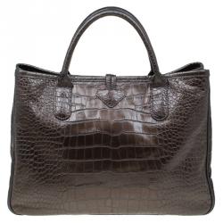 Pre Owned Longchamp Brown Glaze Croc Embossed Leather Roseau Tote