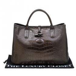 Pre Owned Longchamp Brown Glaze Croc Embossed Leather Roseau Tote