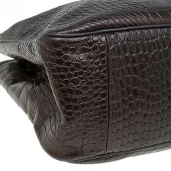 Pre Owned Longchamp Brown Glaze Croc Embossed Leather Roseau Tote