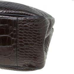 Pre Owned Longchamp Brown Glaze Croc Embossed Leather Roseau Tote