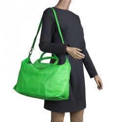 Pre Owned Longchamp Green Leather Large Le Pliage Tote