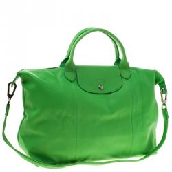 Pre Owned Longchamp Green Leather Large Le Pliage Tote