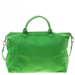 Pre Owned Longchamp Green Leather Large Le Pliage Tote