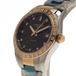 Pre Owned Longines Black Stainless Steel and 18K Gold Diamond Conquest Women's Wristwatch 29MM
