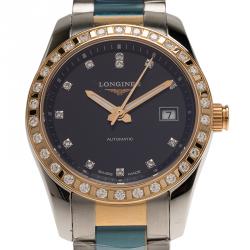 Pre Owned Longines Black Stainless Steel and 18K Gold Diamond Conquest Women's Wristwatch 29MM