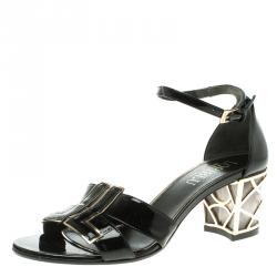 Loriblu Black Patent Leather Ankle Strap Sandals Size 37