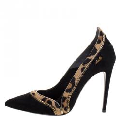 Pre Owned Loriblu Black Suede and Leopard Print Calf Hair Chain Embellished Pointed Toe Pumps Size 39