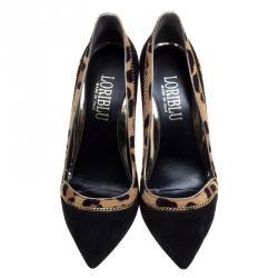 Pre Owned Loriblu Black Suede and Leopard Print Calf Hair Chain Embellished Pointed Toe Pumps Size 39